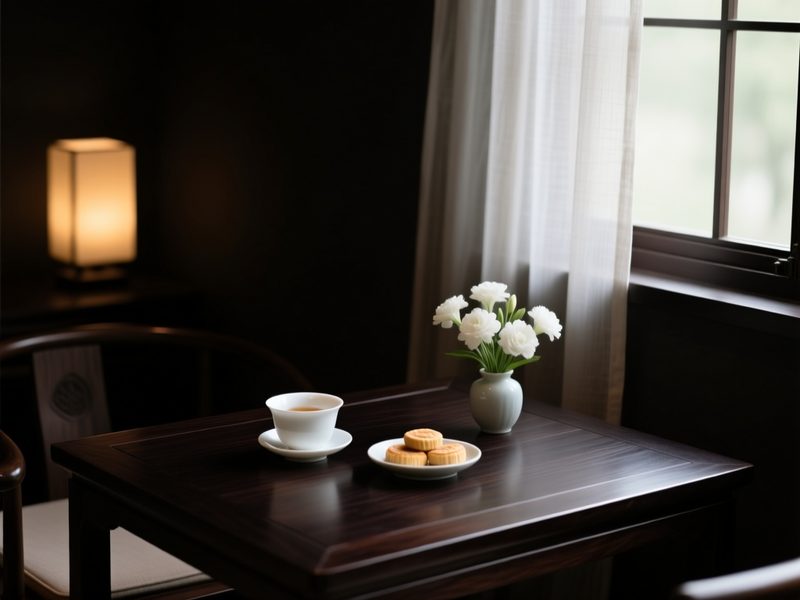 深色茶室一角:深木桌面、白瓷茶杯与一束白花,窗边柔光