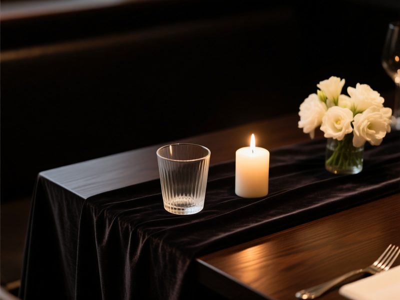 深色晚宴桌面一角:玻璃杯、白花与暖色烛光